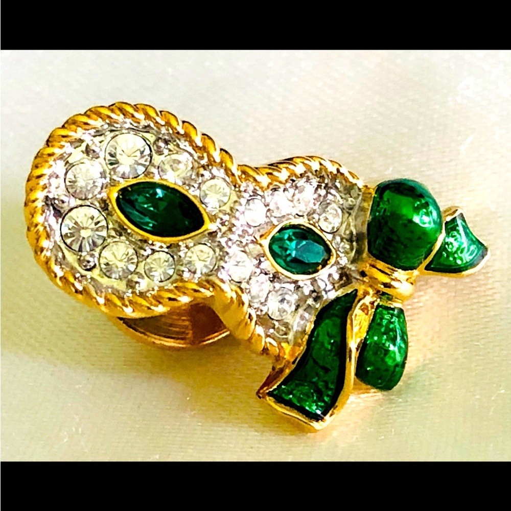 Vintage Swarovski Crystal & Green Enamel Mardi Gras Mask Tack Pin Stamped